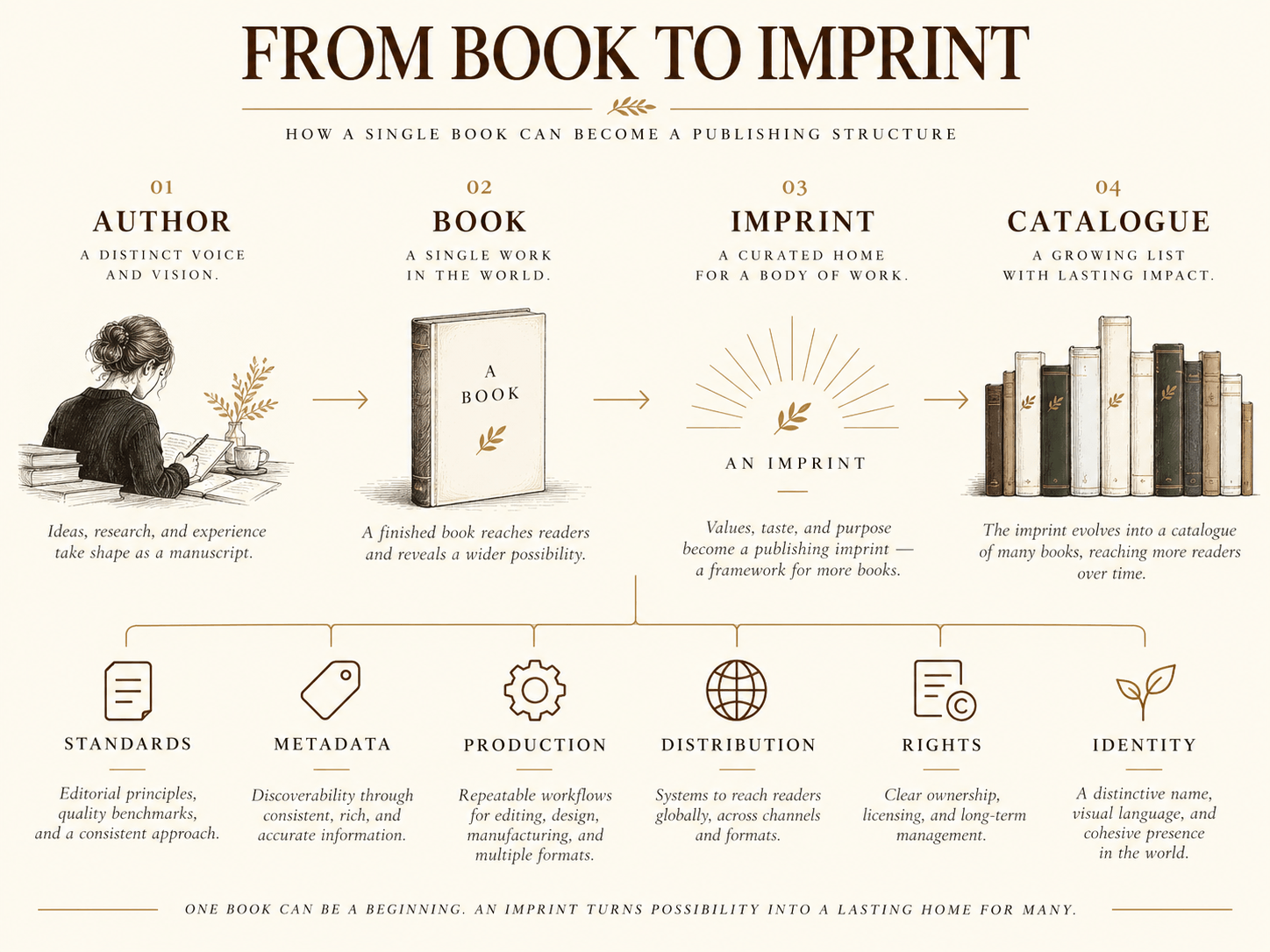 Diagram showing the progression from author to book to imprint to catalogue