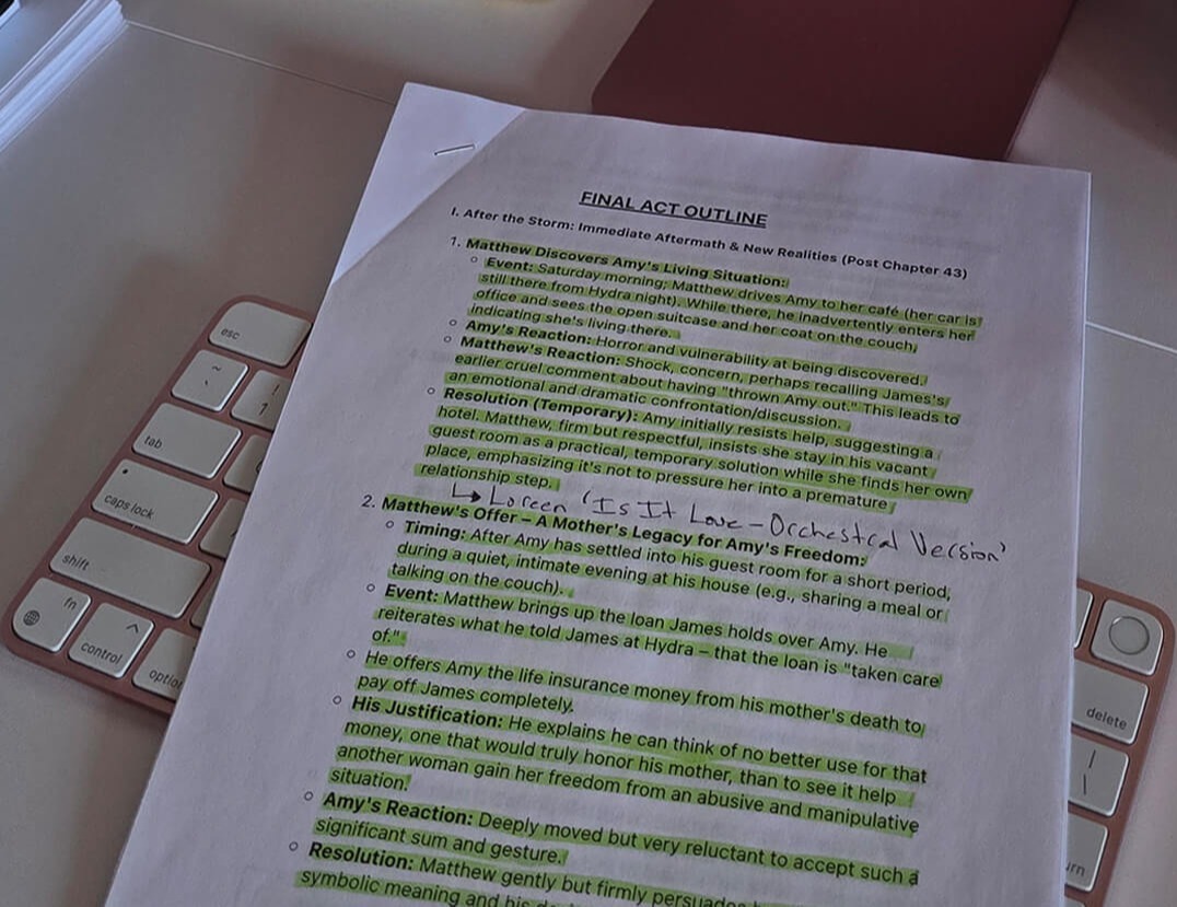 Love Lies final act outline on Joelle Habbaki's desk