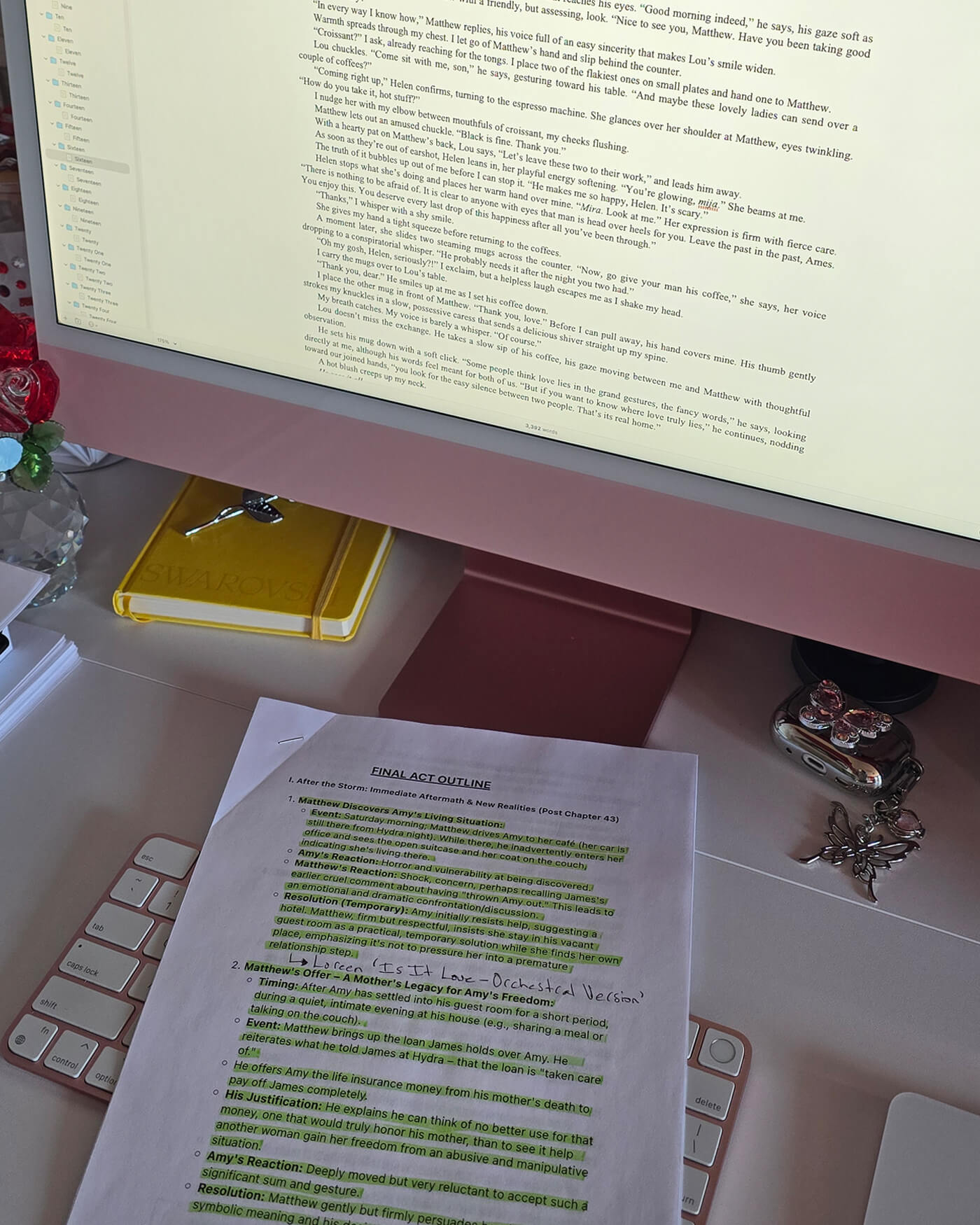 Love Lies final act outline and editing workspace