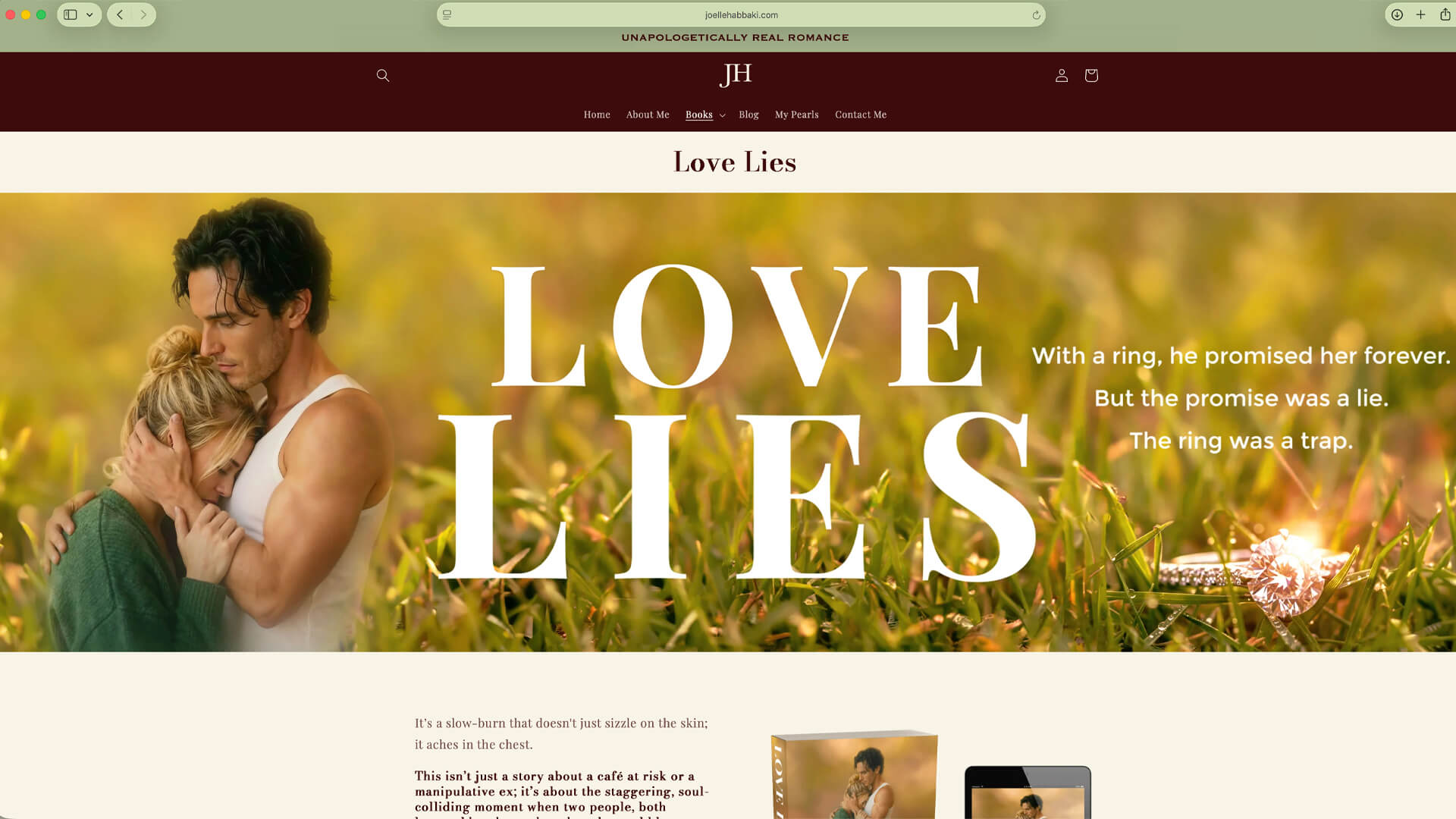 Joelle Habbaki author website showing the Love Lies visual world