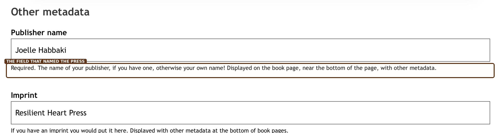 Kobo Writing Life metadata page with the Resilient Heart Press imprint field highlighted