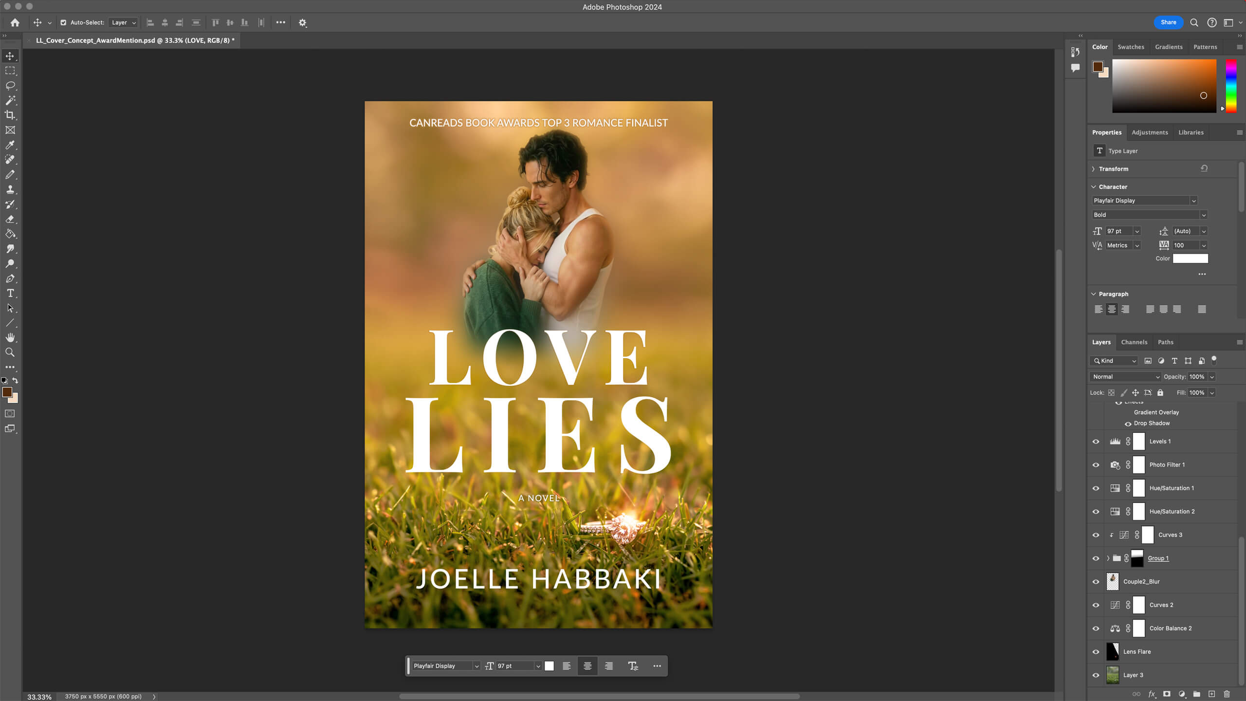 Love Lies cover open in Adobe Photoshop with its layers visible