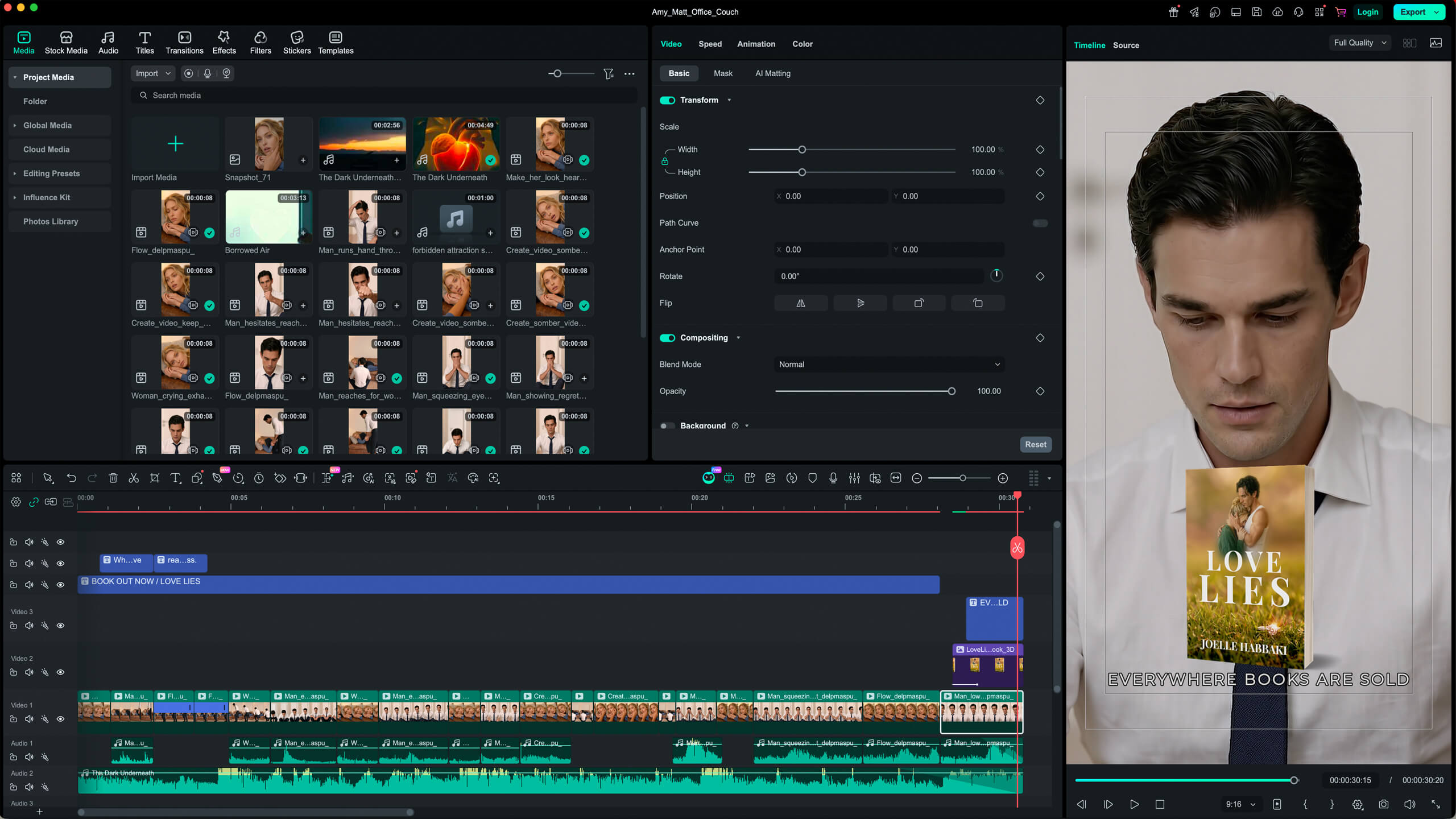 Filmora editing timeline for the Love Lies book trailer