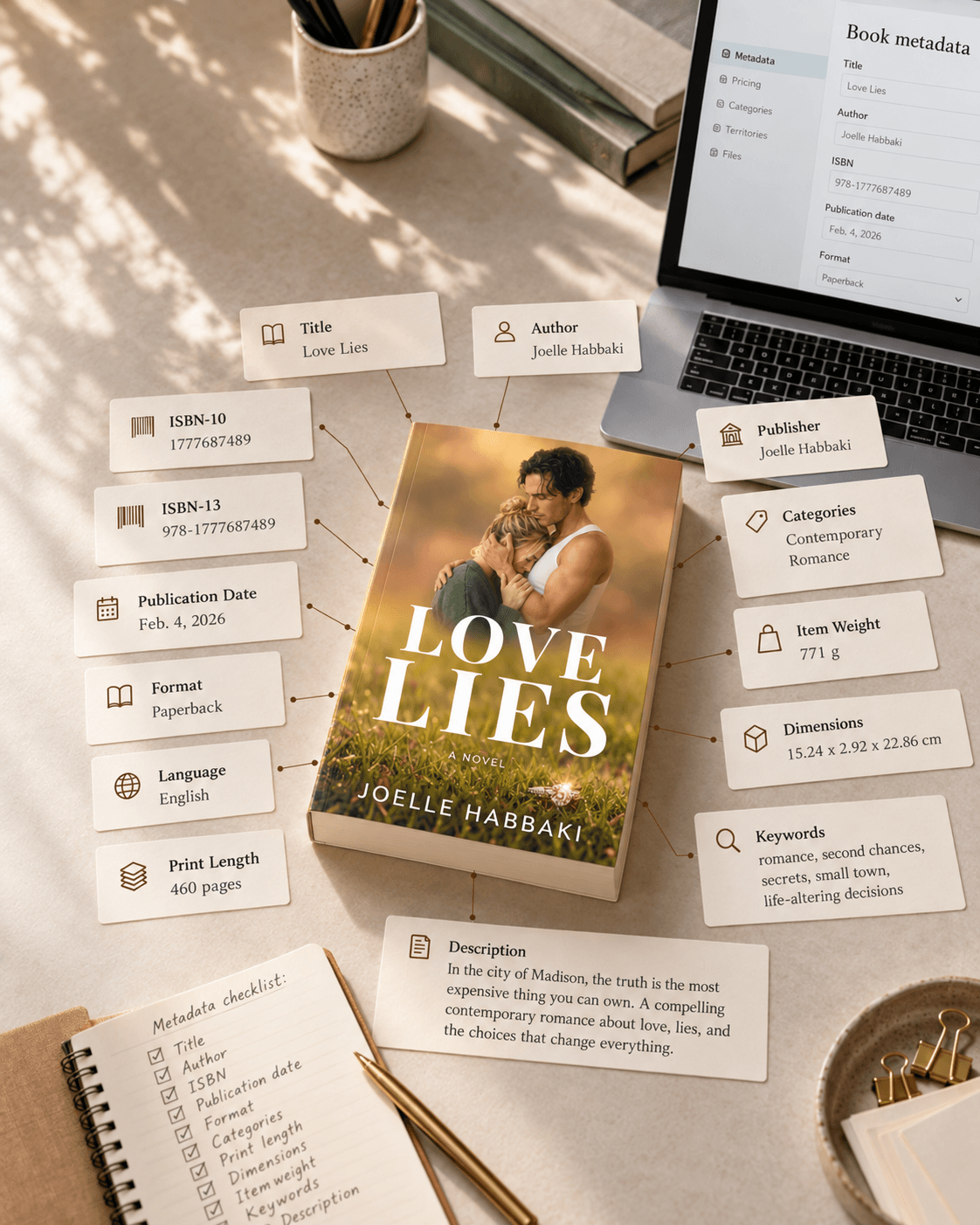 Love Lies Romance Book metadata details including title, author, ISBN and categories