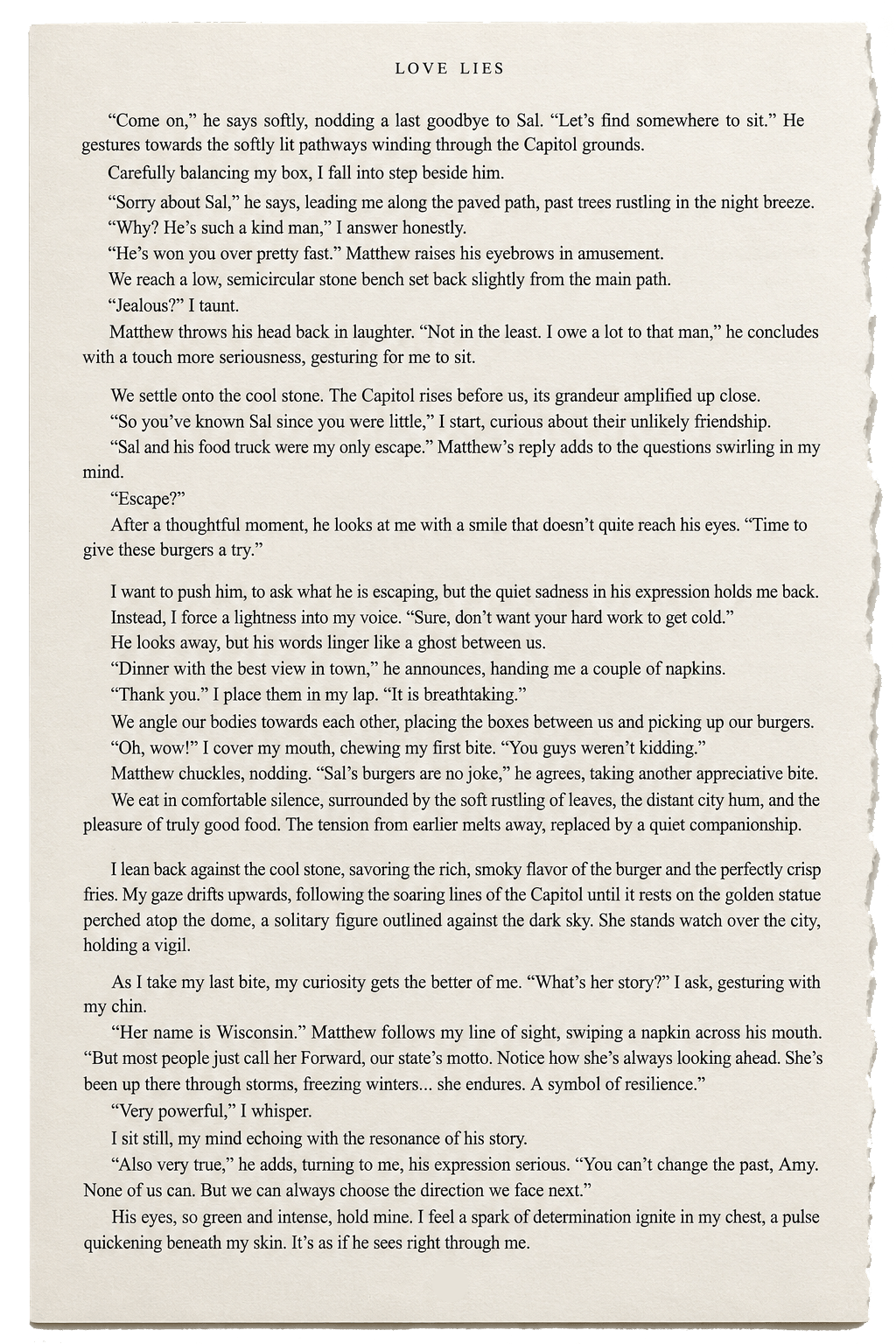 Love Lies manuscript scene featuring the Wisconsin statue