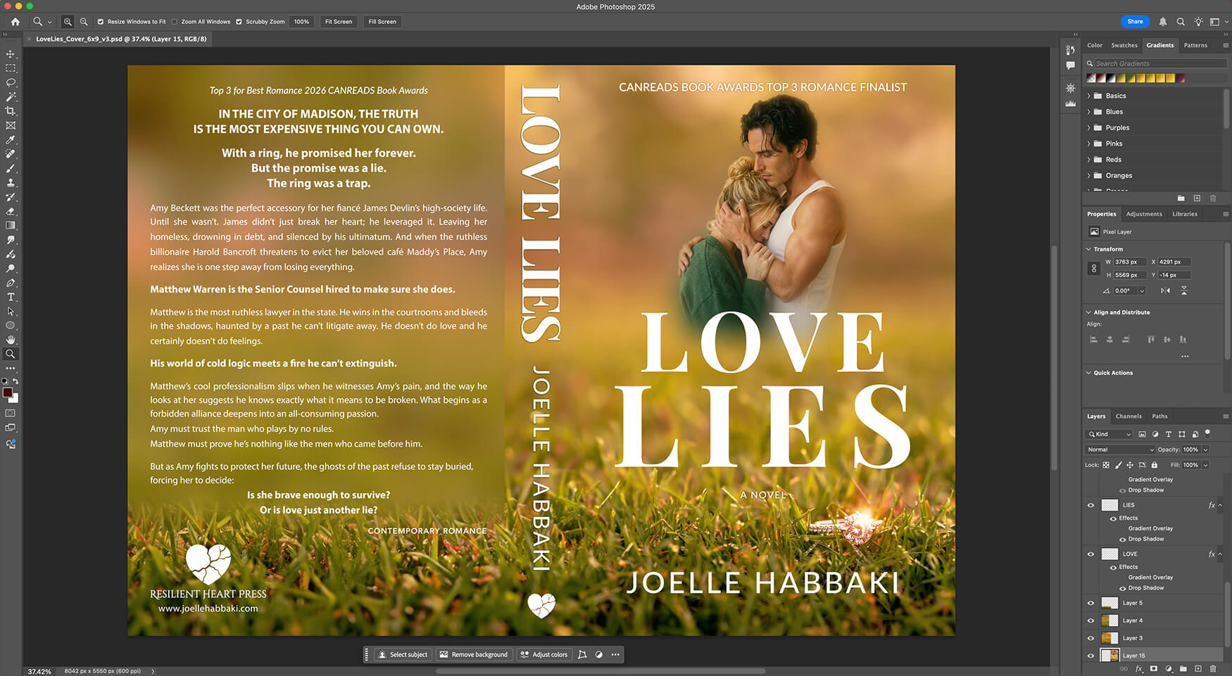Adobe Photoshop workspace showing the Love Lies full cover design