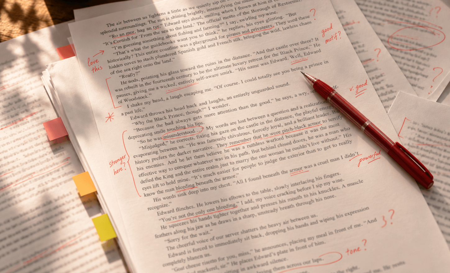 Manuscript pages with editorial notes and pen