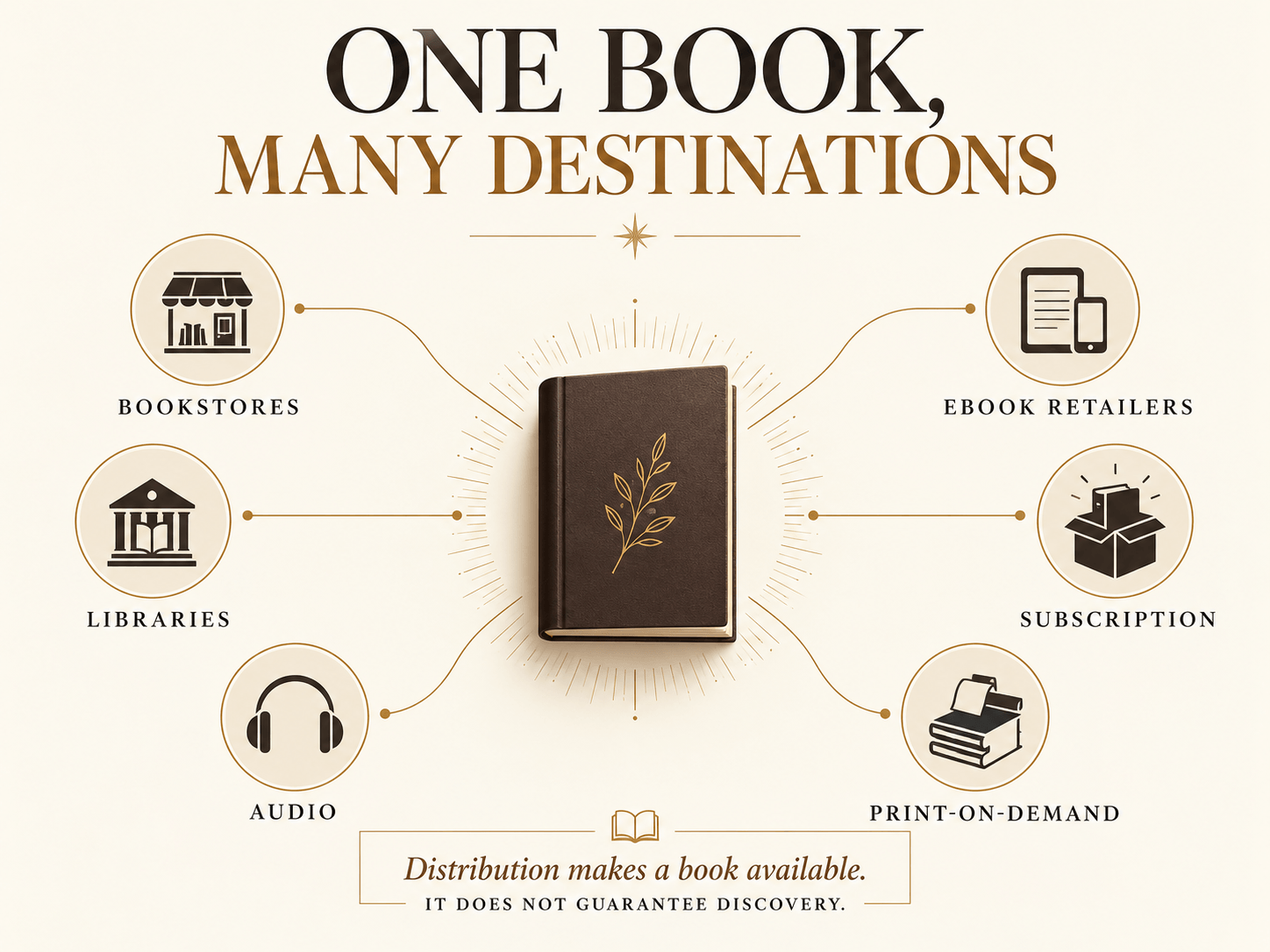 Diagram showing one book reaching bookstores, libraries, audio, ebook retailers, subscription and print-on-demand