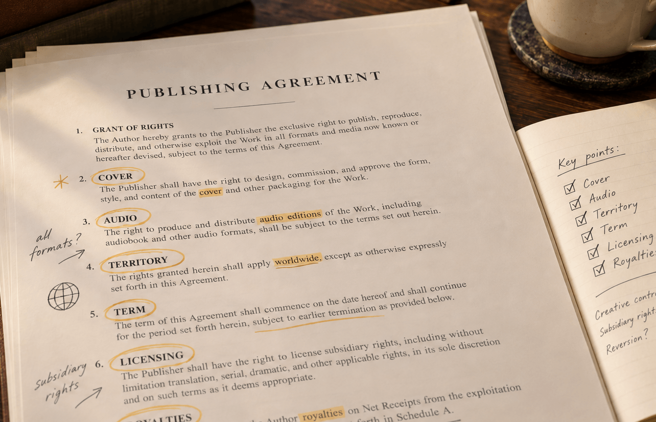 Publishing agreement highlighting cover, audio, territory, term, licensing and royalties
