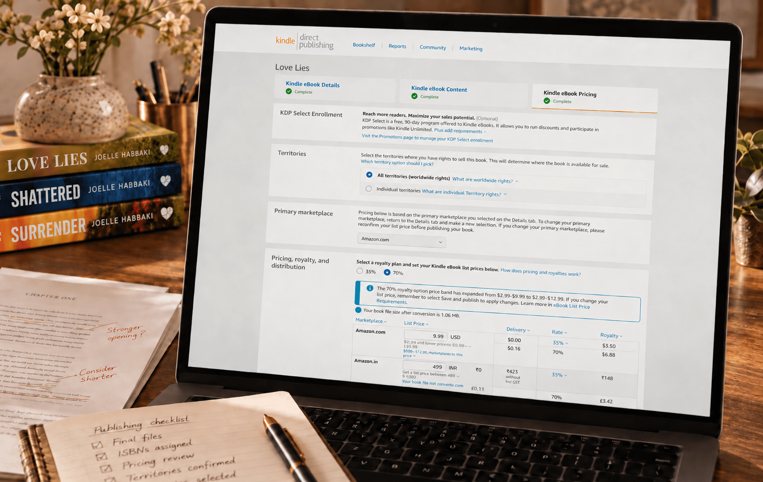 Kindle Direct Publishing dashboard with pricing, territories and publishing checklist
