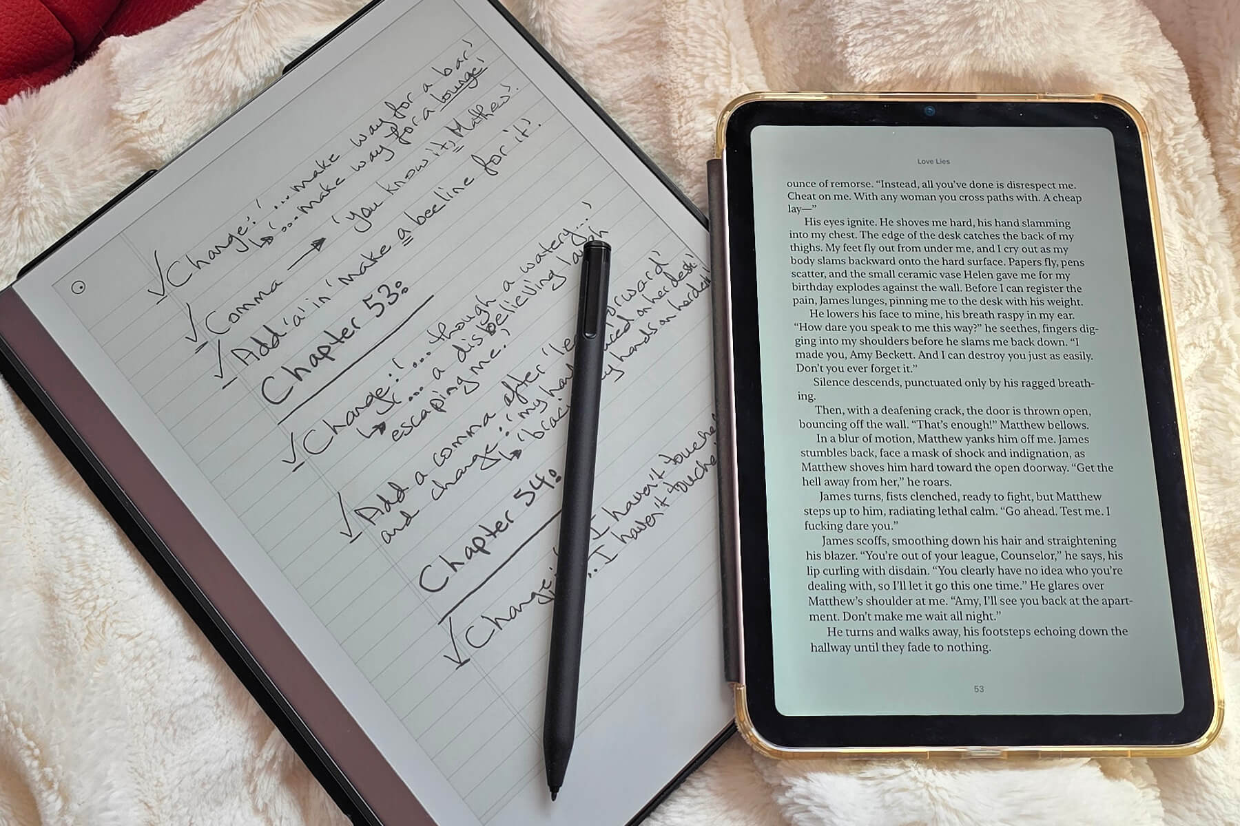 Love Lies manuscript and handwritten editing notes on a reMarkable tablet