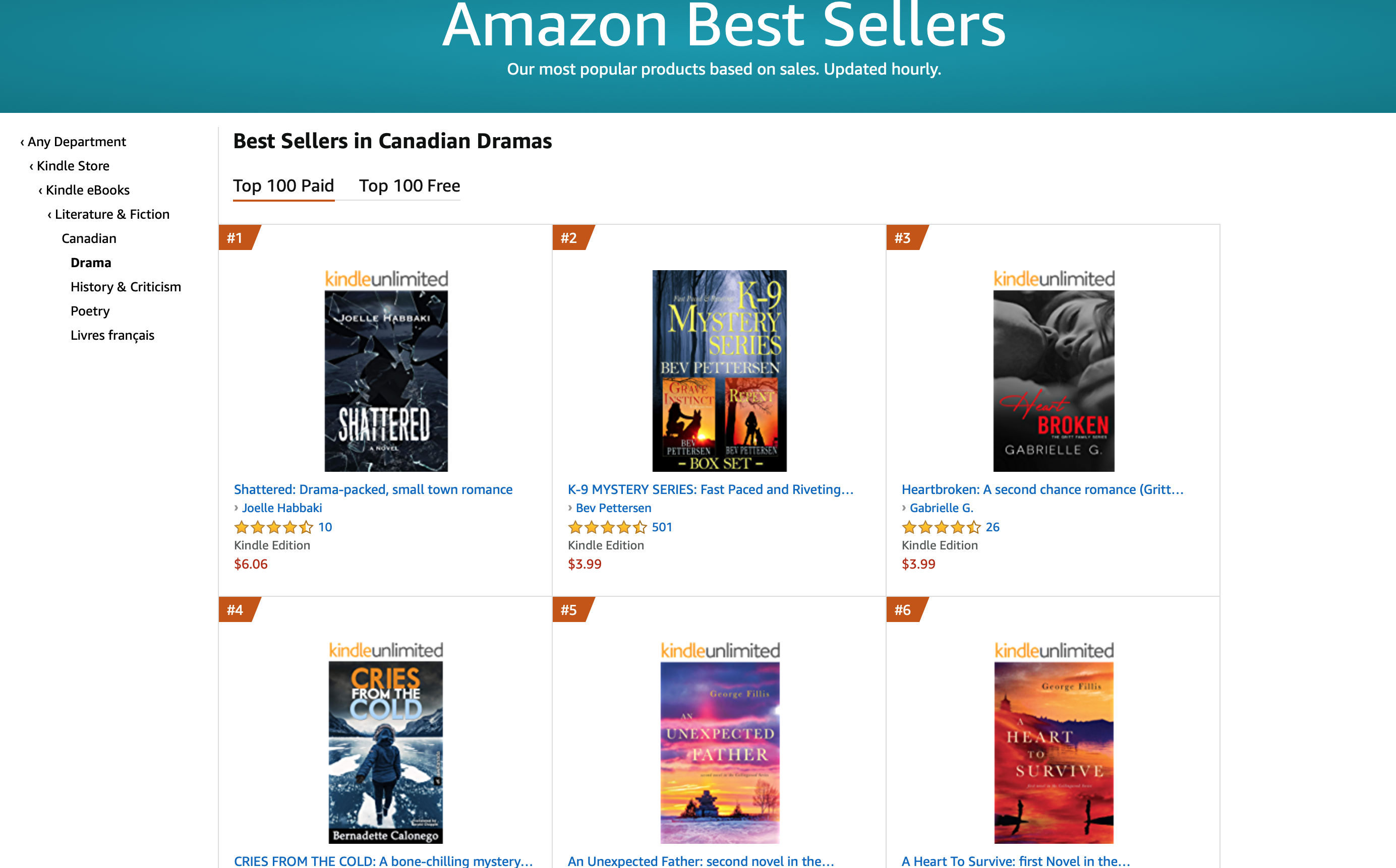 Archival Amazon Canada screenshot showing Shattered at number one in Canadian Dramas