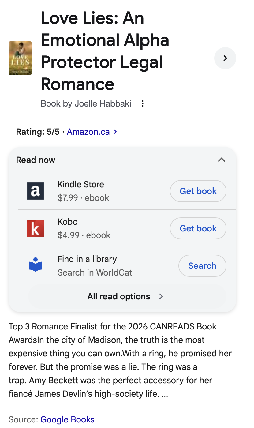Google Books listing showing Love Lies available through Amazon, Kobo and library search