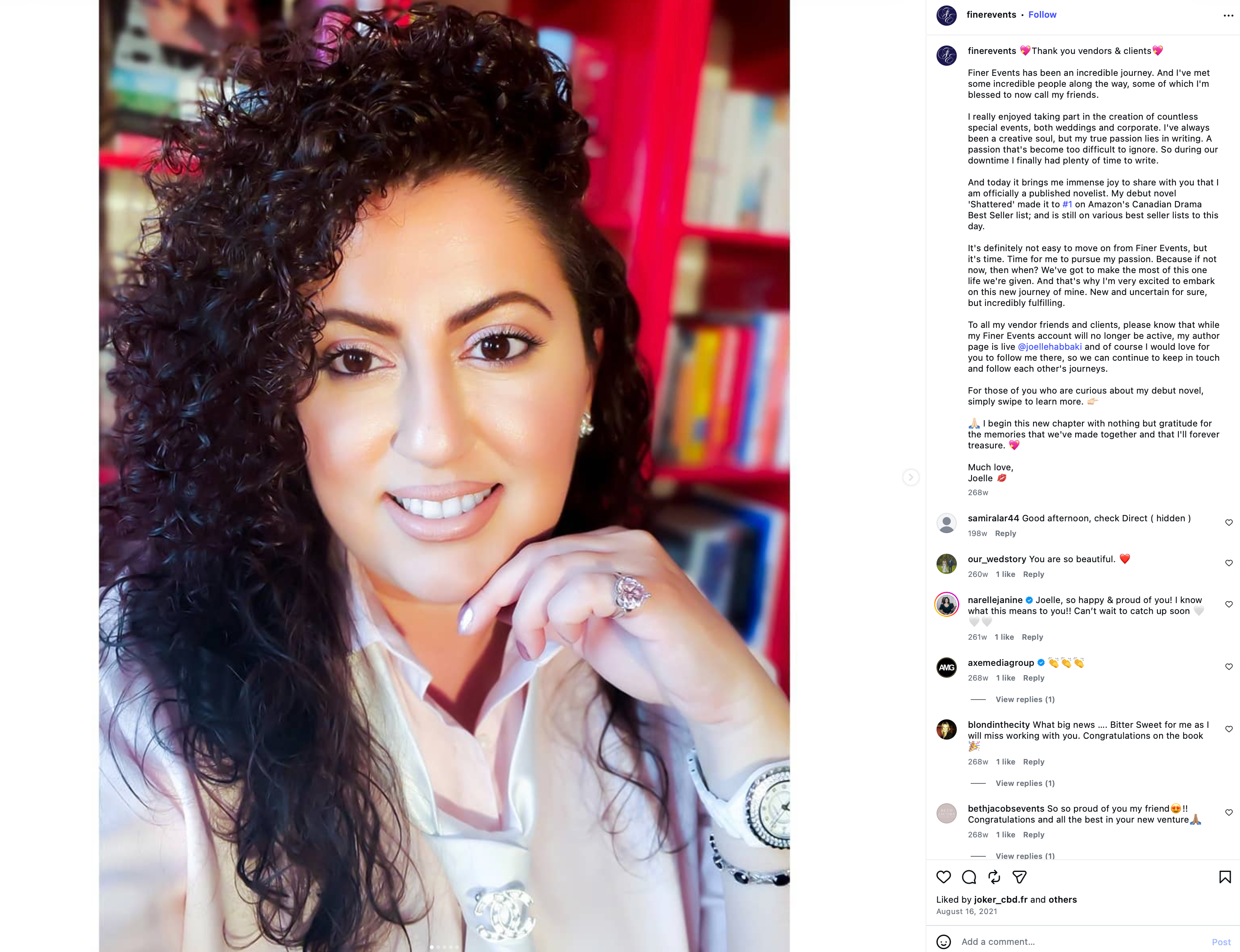 Finer Events Instagram post announcing Joelle Habbaki's transition to full-time writing