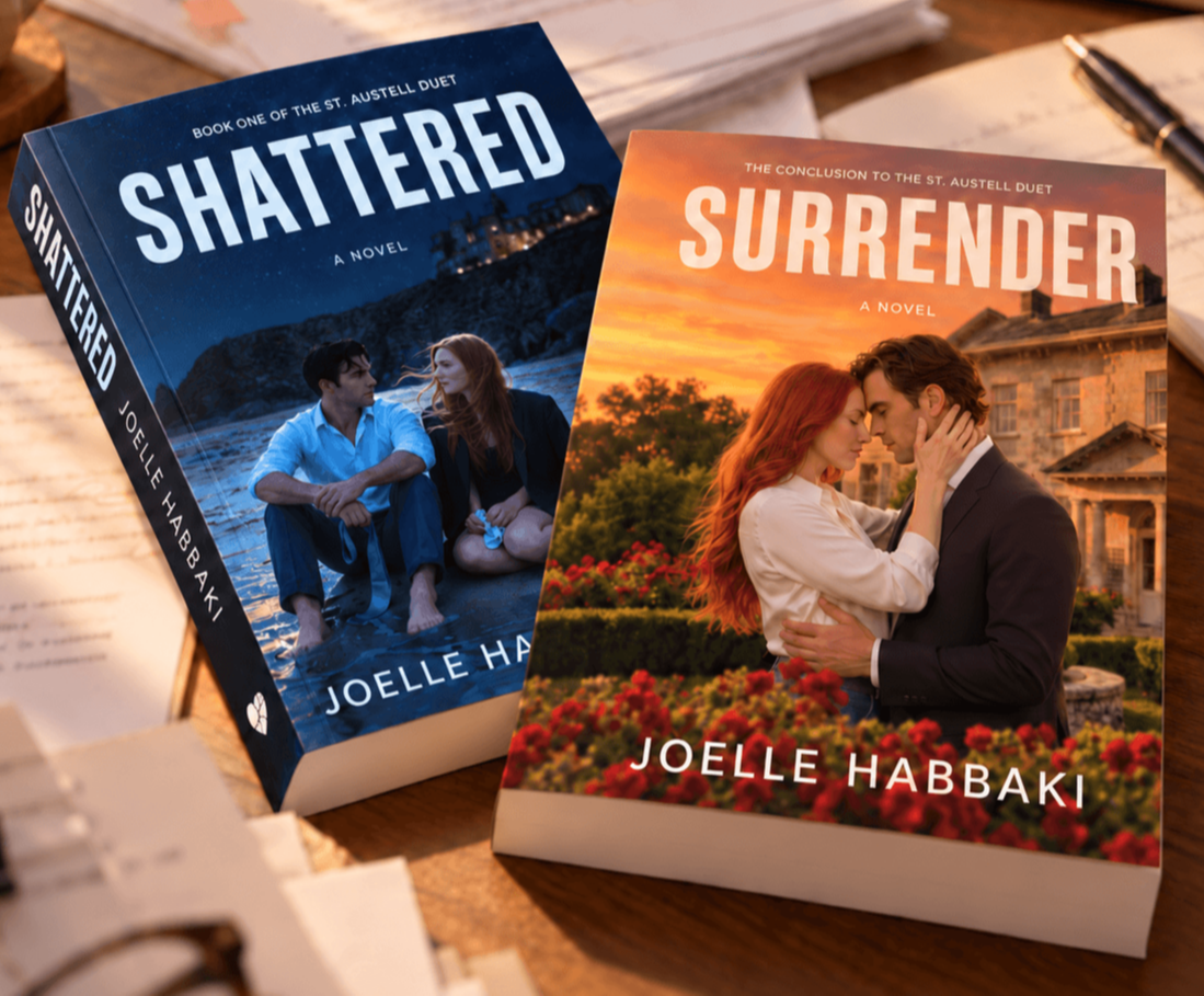 Finished editions of Shattered and Surrender in warm light