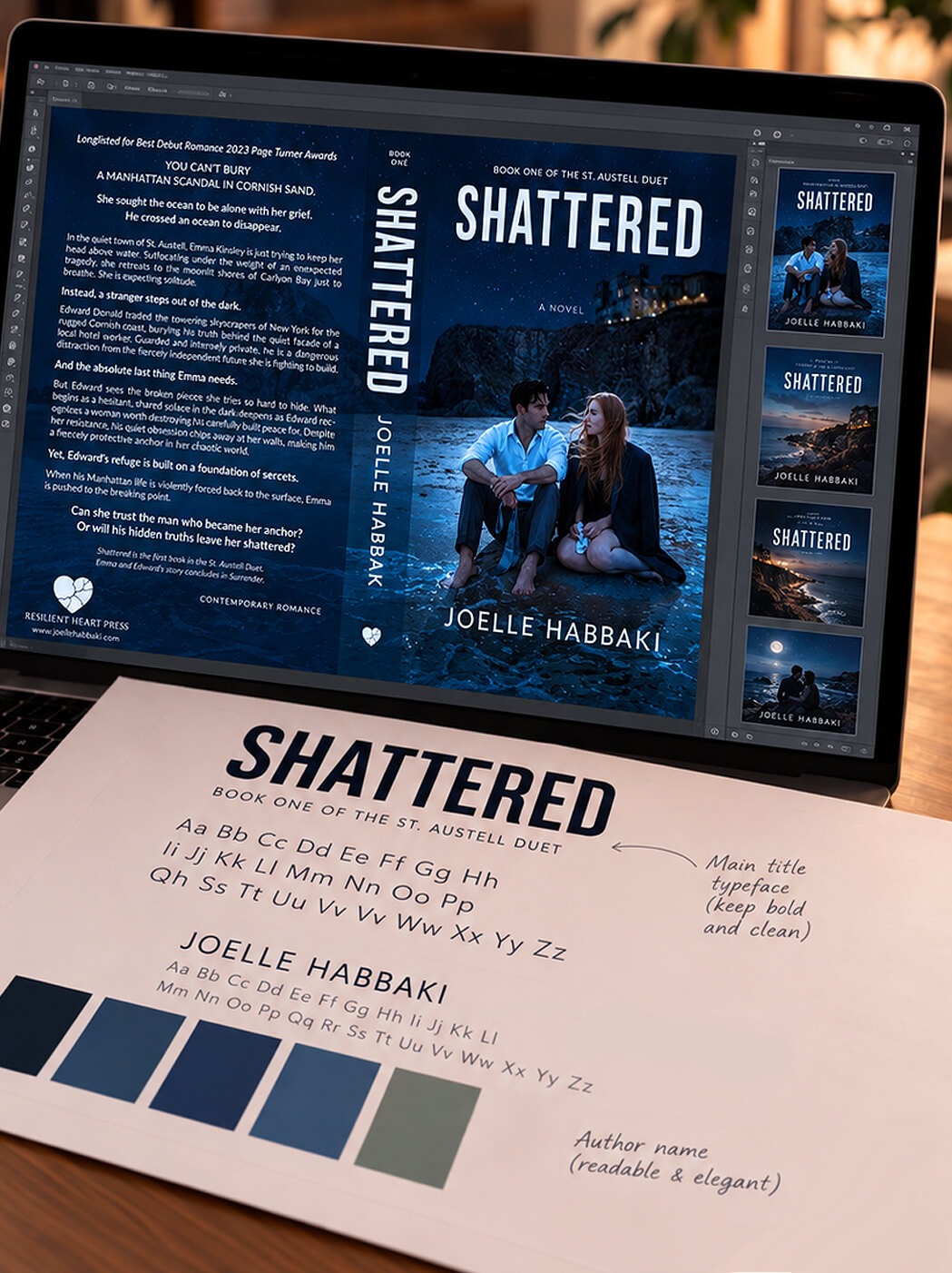 Book cover design shown with visual references
