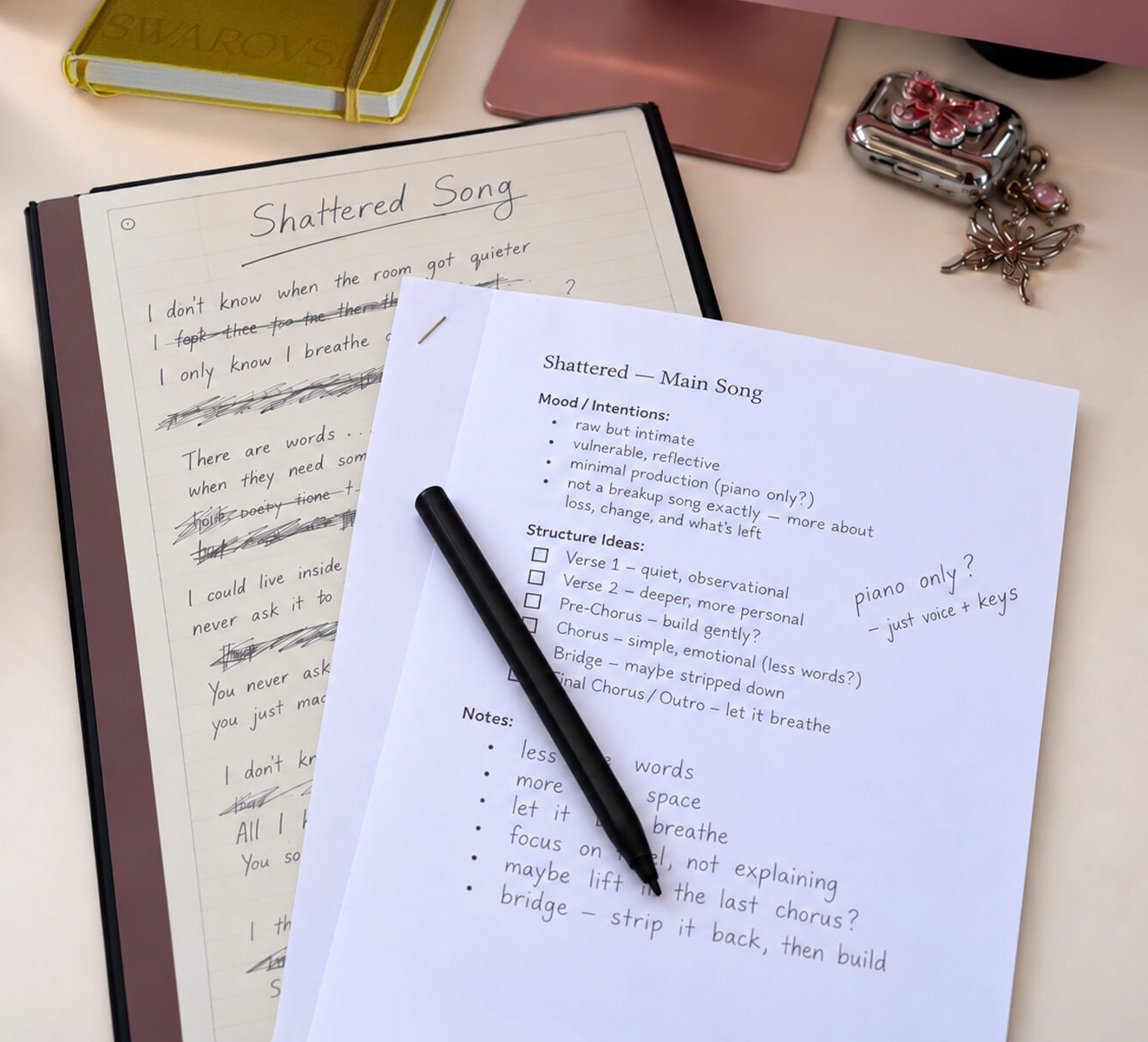 Working lyric notes and structure ideas for an original song written for Shattered