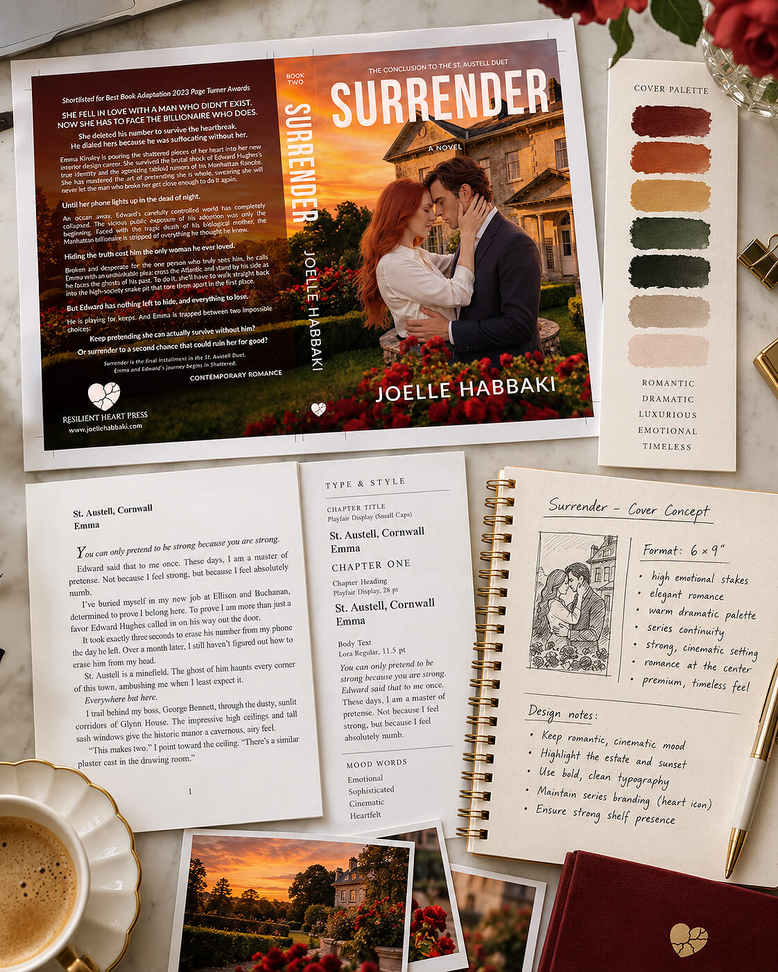 Surrender, St. Austell Duet, Book Two, Book cover being designed on a computer screen